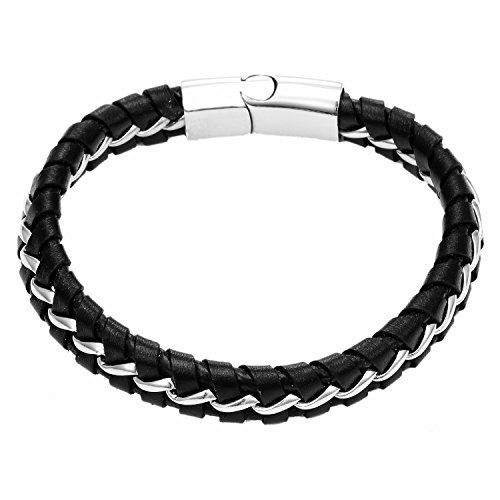 DonDon Herren Lederarmband schwarz mit Edelstahl Zierelementen und Magnet Edelstahlschließe von DonDon