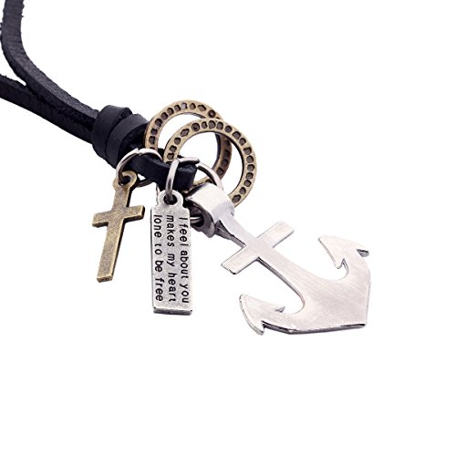 DonDon Herren Lederhalskette schwarz mit einem Anker, Ringen, Kreuz und Schrift Tag in einem schwarzen Beutel von DonDon