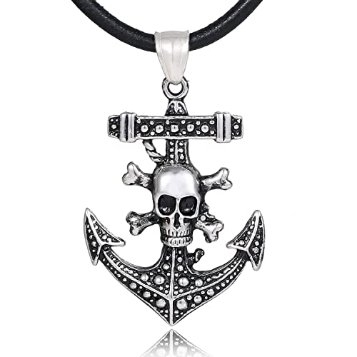 DonDon Herren Lederkette Leder Halskette 50 cm mit Edelstahl Anhänger Anker Skull Totenkopf von DonDon