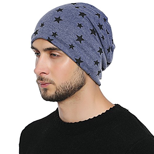 DonDon Herren Slouch Winter Mütze gefüttert mit Stern Print blau von DonDon