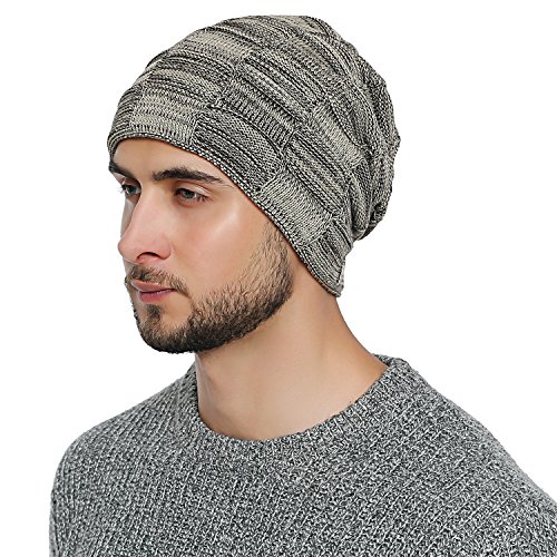 DonDon Mütze Herren Wintermütze Slouch Beanie Strickmütze mit warmen Fleece Innenfutter beige schwarz von DonDon