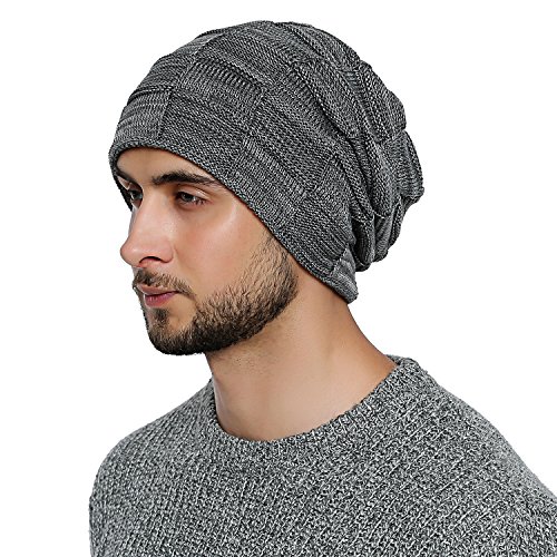 DonDon Mütze Herren Wintermütze Slouch Beanie Strickmütze mit warmen Fleece Innenfutter grau weiß von DonDon