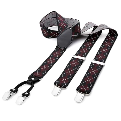 DonDon Hosenträger Herren extra stark kariert schwarz rot weiß 3,5 cm Hosenträger Herren breit in Y-Form lang - Starke Clips passend für Anzug Jeans Chinos Vintage Rockabilly Suspenders von DonDon