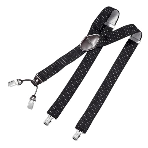 DonDon Hosenträger Herren extra stark gepunktet schwarz weiß 3,5 cm Hosenträger Herren breit mit brauem Leder in Y-Form lang - Starke Clips passend für Anzug Jeans Chinos Vintage Rockabilly Suspenders von DonDon
