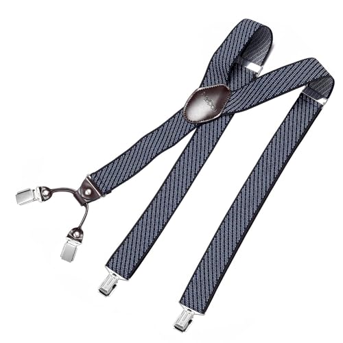 DonDon Hosenträger Herren extra stark gestreift blau schwarz 3,5 cm Hosenträger Herren breit mit brauem Leder in Y-Form lang - Starke Clips passend für Anzug Jeans Chinos Vintage Rockabilly Suspenders DonDon Hosenträger Herren extra stark gestreift blau schwarz 3,5 cm Hosenträger Herren breit mit brauem Leder in Y-Form lang - Starke Clips passend für Anzug Jeans Chinos Vintage Rockabilly Suspenders von DonDon