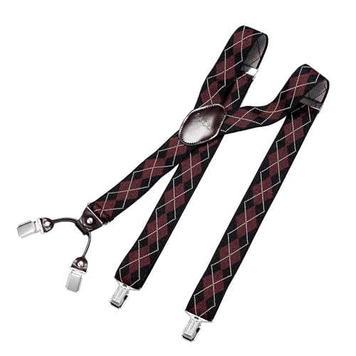DonDon Hosenträger Herren extra stark kariert schwarz rot 3,5 cm Hosenträger Herren breit mit brauem Leder in Y-Form lang - Starke Clips passend für Anzug Jeans Chinos Vintage Rockabilly Suspenders von DonDon