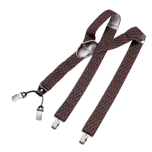 DonDon Hosenträger Herren extra stark Raute braun 3,5 cm Hosenträger Herren breit mit brauem Leder in Y-Form lang - Starke Clips passend für Anzug Jeans Chinos Vintage Rockabilly Suspenders von DonDon