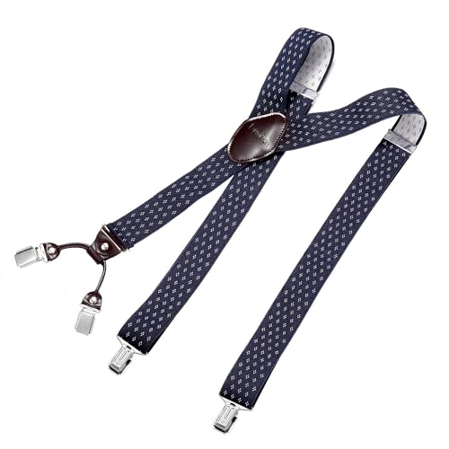DonDon Hosenträger Herren extra stark Raute blau weiß 3,5 cm Hosenträger Herren breit mit brauem Leder in Y-Form lang - Starke Clips passend für Anzug Jeans Chinos Vintage Rockabilly Suspenders von DonDon