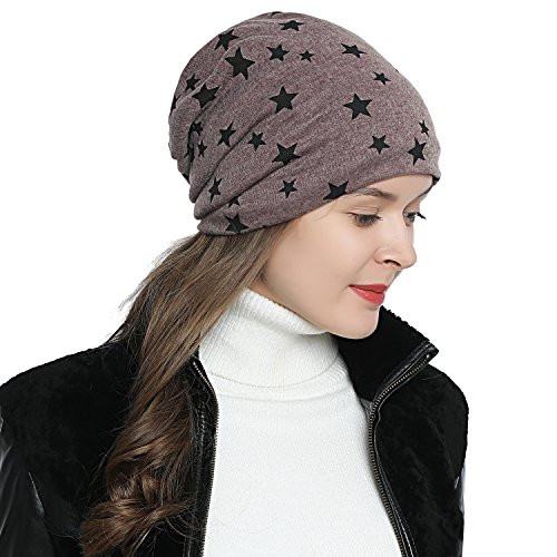 DonDon Mütze Damen Wintermütze Slouch Beanie gefüttert mit Stern Print braun von DonDon