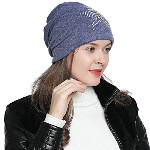 DonDon Mütze Damen Wintermütze Slouch Beanie gefüttert mit Strass Stern blau von DonDon