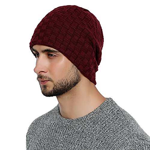 DonDon Mütze Herren Beanie Wintermütze Slouch Strickmütze mit warmen Fleece Innenfutter dunkelrot von DonDon