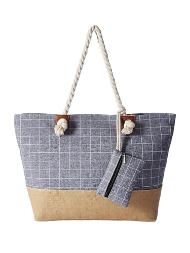 DonDon große Strandtasche XXL mit Reißverschluss - Umhängetasche Damen - große Badetasche für Urlaub vielseitige Shopper Tasche Damen für Strand Urlaub Must Haves Beach bag - Karo blau von DonDon