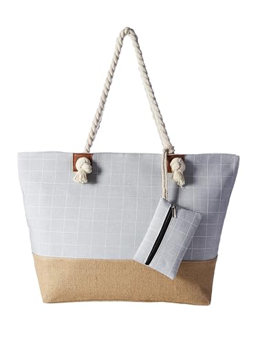 DonDon große Strandtasche XXL mit Reißverschluss - Umhängetasche Damen - große Badetasche für Urlaub vielseitige Shopper Tasche Damen für Strand Urlaub Must Haves Beach bag - Karo grau von DonDon