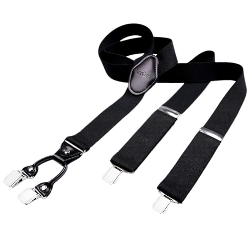 DonDon Hosenträger Herren extra stark 3,5 cm breit mit 4 Hosenträger Clips in Y-Form und braunem Leder Patch, schwarz von DonDon