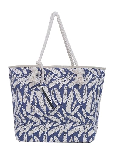 DonDon Strandtasche XXL mit Reißverschluss - Umhängetasche Damen, Shopper Tasche Damen im Beach Look mit Schulterriemen - Urlaub Must Haves Beach bag - Federn blau beige von DonDon