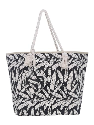 DonDon Strandtasche XXL mit Reißverschluss - Umhängetasche Damen, Shopper Tasche Damen im Beach Look mit Schulterriemen - Urlaub Must Haves Beach bag - Federn schwarz beige von DonDon