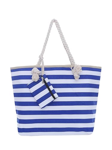 DonDon Strandtasche XXL mit Reißverschluss - Umhängetasche Damen, Shopper Tasche Damen im Beach Look mit Schulterriemen - Urlaub Must Haves Beach bag - Streifen blau weiß von DonDon