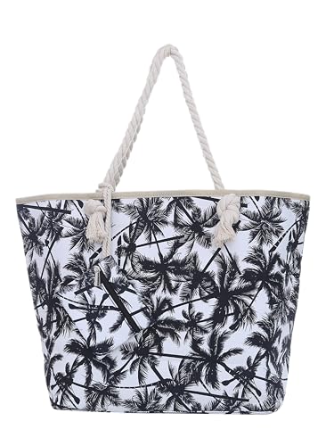 DonDon Strandtasche XXL mit Reißverschluss - Umhängetasche Damen, Shopper Tasche Damen im Beach Look mit Schulterriemen - Urlaub Must Haves Beach bag - Palmen weiß schwarz von DonDon