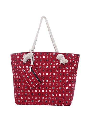 DonDon Strandtasche XXL mit Reißverschluss - Umhängetasche Damen, Shopper Tasche Damen im Beach Look mit Schulterriemen - Urlaub Must Haves Beach bag - rot von DonDon