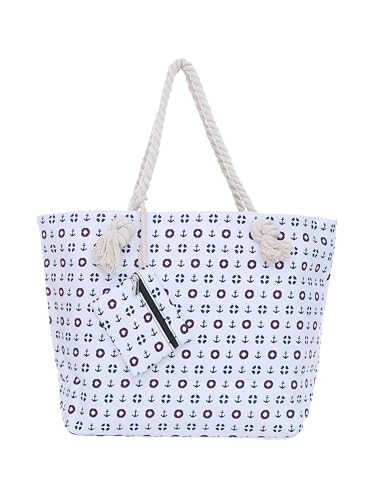 DonDon Strandtasche XXL mit Reißverschluss - Umhängetasche Damen, Shopper Tasche Damen im Beach Look mit Schulterriemen - Urlaub Must Haves Beach bag - Maritim Design weiß von DonDon