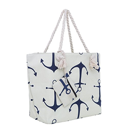 DonDon Strandtasche XXL Familie Badetasche Damen mit Reißverschluss Beach bag groß - Anker beige blau von DonDon