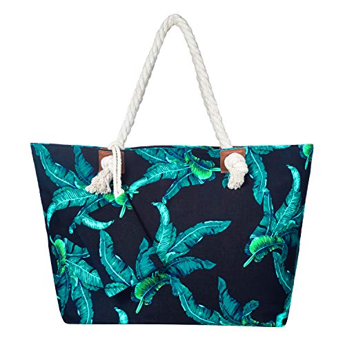 DonDon Strandtasche XXL Familie Badetasche Damen mit Reißverschluss Beach bag groß - Blätter blau von DonDon