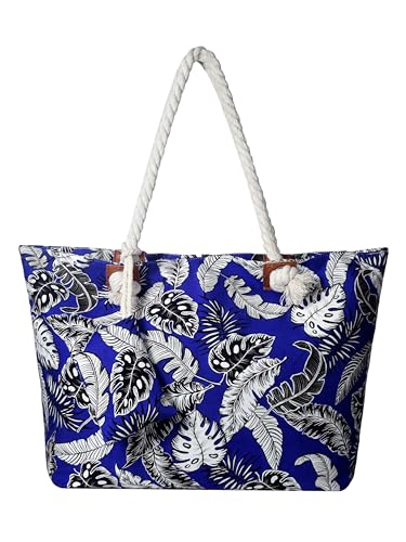 DonDon Strandtasche XXL mit Reißverschluss - Umhängetasche Damen, Shopper Tasche Damen im Beach Look mit Schulterriemen - Urlaub Must Haves Beach bag - Blätter und Federn von DonDon