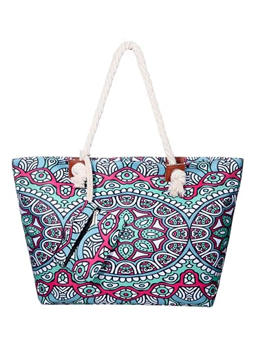 DonDon Strandtasche mit Reißverschluss, Große Strandtasche XXL, Shopper Tasche Damen - Praktische Beach bag Umhängetasche Damen Badetasche für Strand und Meer - Indian Temple von DonDon