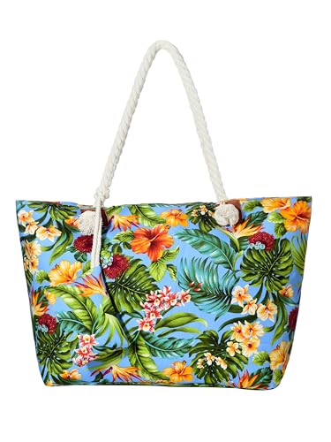 DonDon Strandtasche XXL mit Reißverschluss - Umhängetasche Damen, Shopper Tasche Damen im Beach Look mit Schulterriemen - Urlaub Must Haves Beach bag - Südsee-Blumen von DonDon