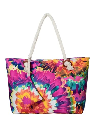 DonDon Strandtasche XXL mit Reißverschluss - Umhängetasche Damen, Shopper Tasche Damen im Beach Look mit Schulterriemen - Urlaub Must Haves Beach bag - Vintage Blumen-Motiv Aquarell von DonDon