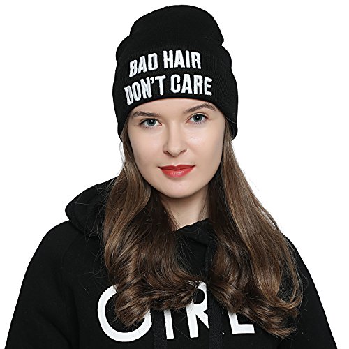 DonDon Mütze Damen Beanie Statement Wintermütze Bad Hair Don't Care von DonDon