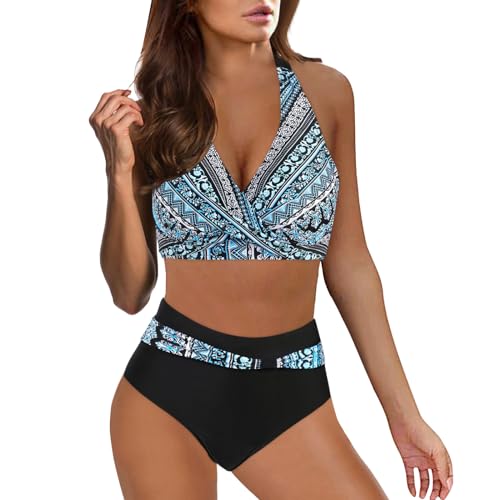 DonDown Bikini Damen Sets Zweiteiliger Badeanzug,Sexy V-Ausschnitt überkreuztes Push Up Bikini Oberteil + High Waist Bikini Hose,Vintage Bauchkontrolle Bikini Sets Swimsuit Bikini (Marine, XL) von DonDown