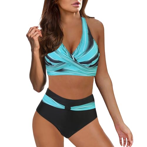 DonDown Bikini Damen Sets Zweiteiliger Badeanzug,Sexy V-Ausschnitt überkreuztes Push Up Bikini Oberteil + High Waist Bikini Hose,Vintage Bauchkontrolle Bikini Sets Swimsuit Bikini (Mintgrün, M) von DonDown