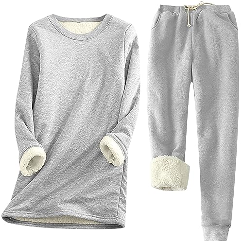 DonDown Damen Thermo Anzug Einfarbig Bequem Lässig Fleece Pullover Sweatshirt Bluse Thermo Hose 2 teilig Herbst und Winter langärmelig Plus -Bottom-Shirt Mittellange Hose Thermal Set (Grau, L) von DonDown