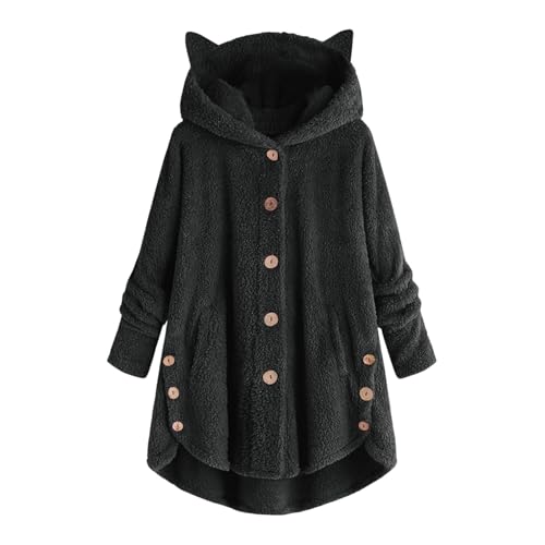 DonDown Damen Winter Mantel Langer Übergröße Thermo Plüschjacke Katzenohren Kapuze Knöpfe Plüsch Mantel Einfarbig Lässig Oversized Winterjacke Kapuzenjacke Casual Loose Übergangsjacke (Dunkelgrau, S) von DonDown