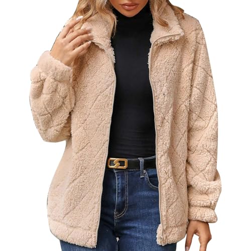 DonDown Fleecejacke Damen Herbst Winter Übergröße Thermo Plüschjacke Langarm Reißverschluss Winterjacke Elegant Teddy Fleece Zip up Übergangsjacke Winter Warm Jacke Mantel (01 Beige, XL) von DonDown