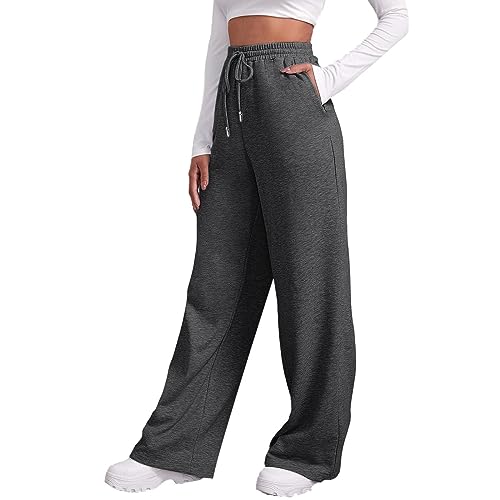 DonDown Jogginghose Damen,Einfarbige Elastischem Bund Sporthose Beinhose,Lang Joggerhose mit Kordelzug,Hoher Taille Traininghose mit Taschen, Lockere Sweatpants mit geradem Bein (Dunkelgrau, M) von DonDown