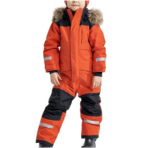 DonDown Schneeanzug Kinder,Skianzug Thermo Skioverall Winddichter mit abnehmbarer Kapuze,Jungen Mädchen Winter Warmer Schneeoverall,Outdoor-Softshell Romper&Jumpsuit Matschanzug (Orange, 12-13 Jahre) von DonDown