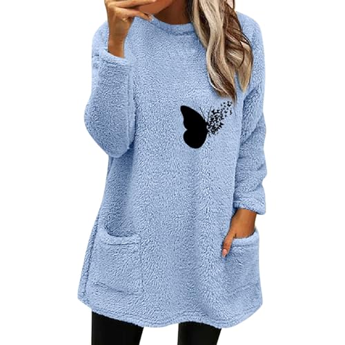 DonDown Sweatshirt Damen Langarm Rundhals Fleece Long Pullover Schmetterlingsdruck Reversible Fleece Lässig Longpullover Winter Warme Loungwear Pulli Tops mit Tasche (02 Blau, M) von DonDown