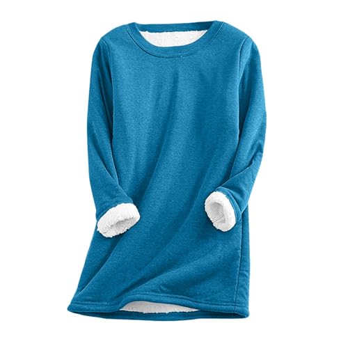 DonDown Thermo Pullover Damen Ohne Kapuze Frauen Teddy Fleece Sweatshirt Warme Gefüttertes Tops Herbst Winter Casual Pulli Langarmshirt Oberteile Rundhals Einfarbig Thermounterwäsche (01 Blau, XXL) von DonDown