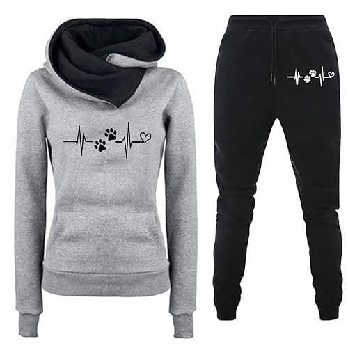 DonDown Trainingsanzug Damen Niedlicher Herzdruck Fleece Gefütterte Kapuzenpulli Sporthosen Jogginganzug Lässig Oberteile Hosen 2er-Anzug Tracksuit Kapuzenpullover Jogginghose Sportanzug (01 Grau, M) von DonDown