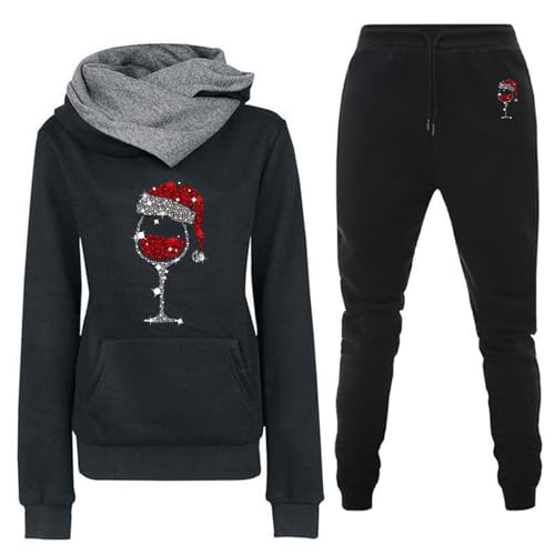 DonDown Trainingsanzug Damen Weihnachts-Weinglas Druck Kapuzenpulli Sporthosen Jogginganzug Lässig Oberteile Hosen 2er-Anzug Tracksuit Kapuzenpullover Jogginghose Sportanzug (07 Schwarz, M) von DonDown