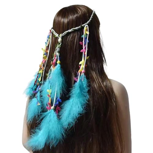 Feder Kopfschmuck Boho Hippie Stirnband, Ethnischer Pfauenfeder-Haarschmuck für Damen Kopfbedeckung,indianisch Schmuck für Wikinger Damen,Karneval Festival Party Haar Stirnband (Blau, Einheitsgröße) von DonDown