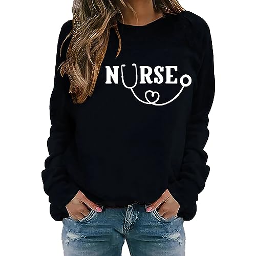 Frauen Herbst Winter Casual Brief Drucken Einfarbig Rundhals Langarm Pulli Sweatshirt ohne Kapuze Lässiges Vintage Pullover Oberteile Streetwear Weihnachtspullover (03 Schwarz, L) von DonDown