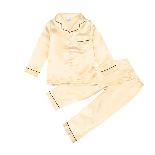 Kinder Satin Schlafanzug Set,Pyjama-Set für Mädchen Junge, Button Down Schlafshirt Oberteil Lange Hose Nachtwäsche Loungewear Kleidung 2-teilig,Nachthemden für 2-14 Jahren (Gold, 5-6 Jahre) von DonDown