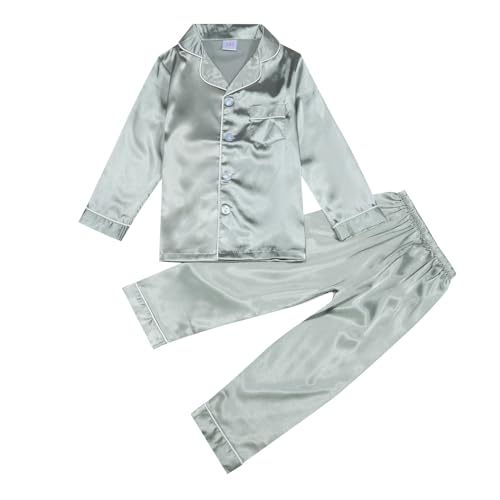 Kinder Satin Schlafanzug Set,Pyjama-Set für Mädchen Junge, Button Down Schlafshirt Oberteil Lange Hose Nachtwäsche Loungewear Kleidung 2-teilig,Nachthemden für 2-14 Jahren (Grau, 13-14 Jahre) von DonDown