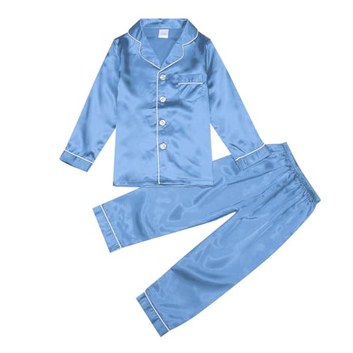 Kinder Satin Schlafanzug Set,Pyjama-Set für Mädchen Junge, Knopfleiste Schlafshirt Oberteil Lange Hose Nachtwäsche Loungewear Kleidung 2-teilig,Nachthemden für 2-14 Jahren (Z01 Hellblau, 13-14 Jahre) von DonDown