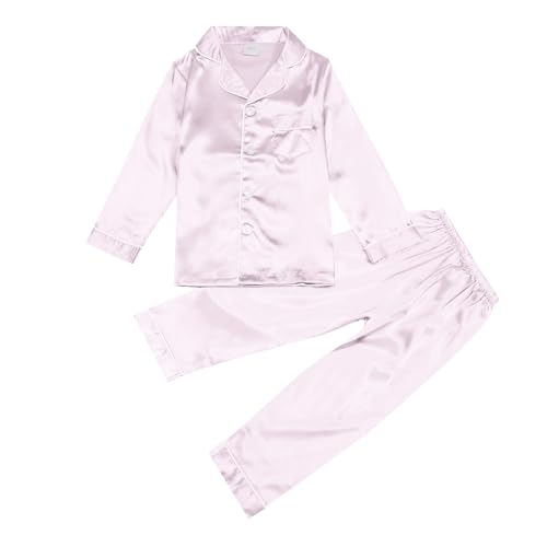 Kinder Satin Schlafanzug Set,Pyjama-Set für Mädchen Junge, Knopfleiste Schlafshirt Oberteil Lange Hose Nachtwäsche Loungewear Kleidung 2-teilig,Nachthemden für 2-14 Jahren (Z01 Rosa, 9-10 Jahre) von DonDown