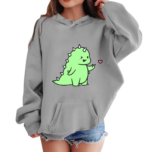 Mädchen Kapuzenpullover Kawaii Dinosaurier Grafikdruck Sweatshirt Große Größe Lässig Lockerer Sportshirt Frühling Trendy Kordelzug Pullover Streetwear Langarmshirt mit Taschen (Grau, 11-12 Jahre) von DonDown