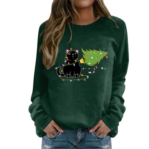 Pullover Damen Elegant Weihnachtspullover Kawaii Christmas Katzen Druck Pulli Oberteile Langarm Rundhals Niedlich Katzen Langarmshirt Teenager Mädchen Weihnachtspulli Shirt Tops (Grün, S) von DonDown